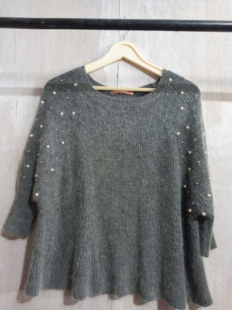 Gray Knit Sweater with Pearls