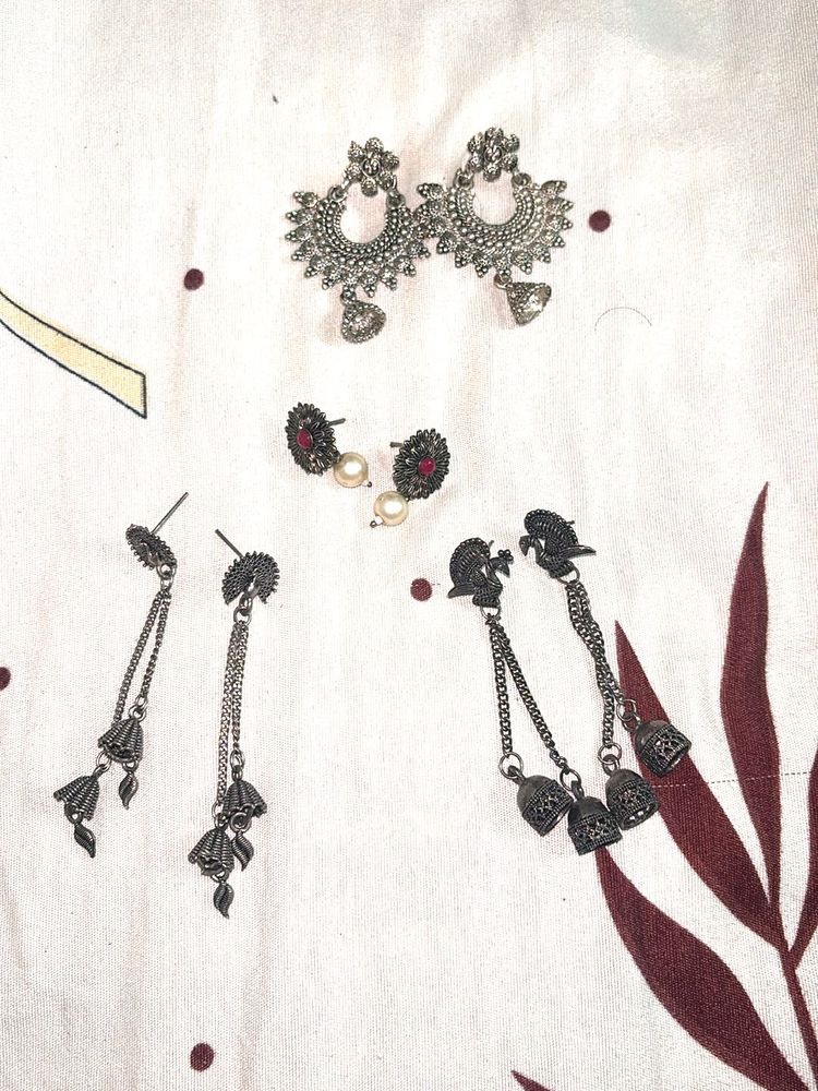 Ethnic Oxidized Silver Jhumka Earrings Set