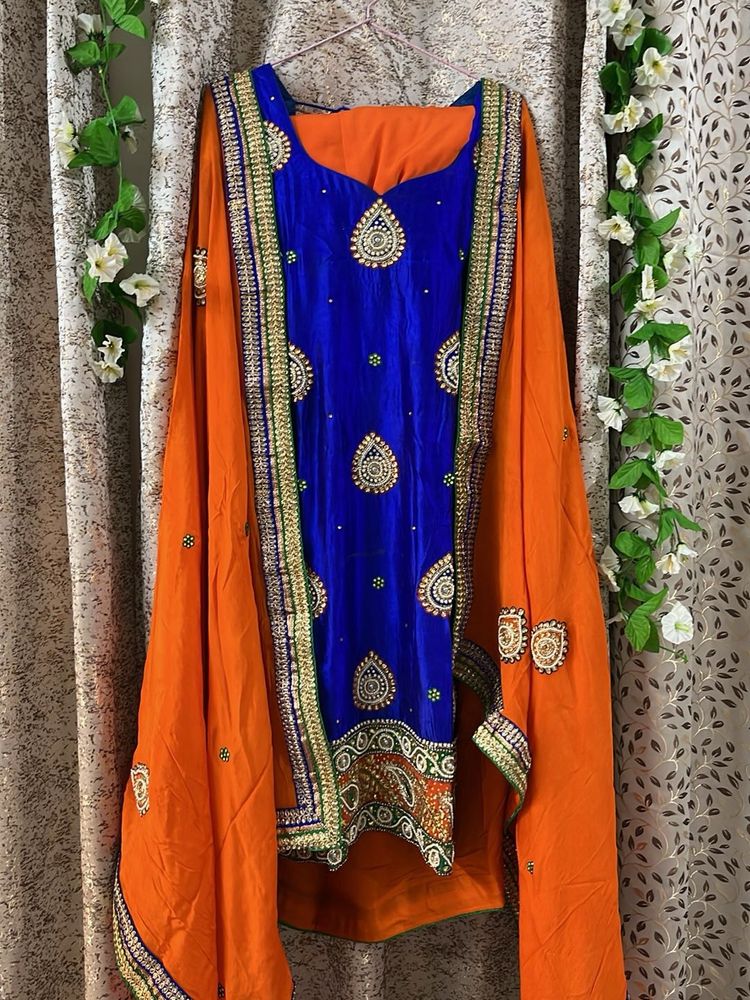 Vibrant Blue &amp; Orange Embroidered Kurta Set