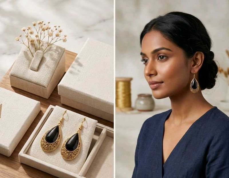 Elegant Teardrop Black &amp; Gold Earrings