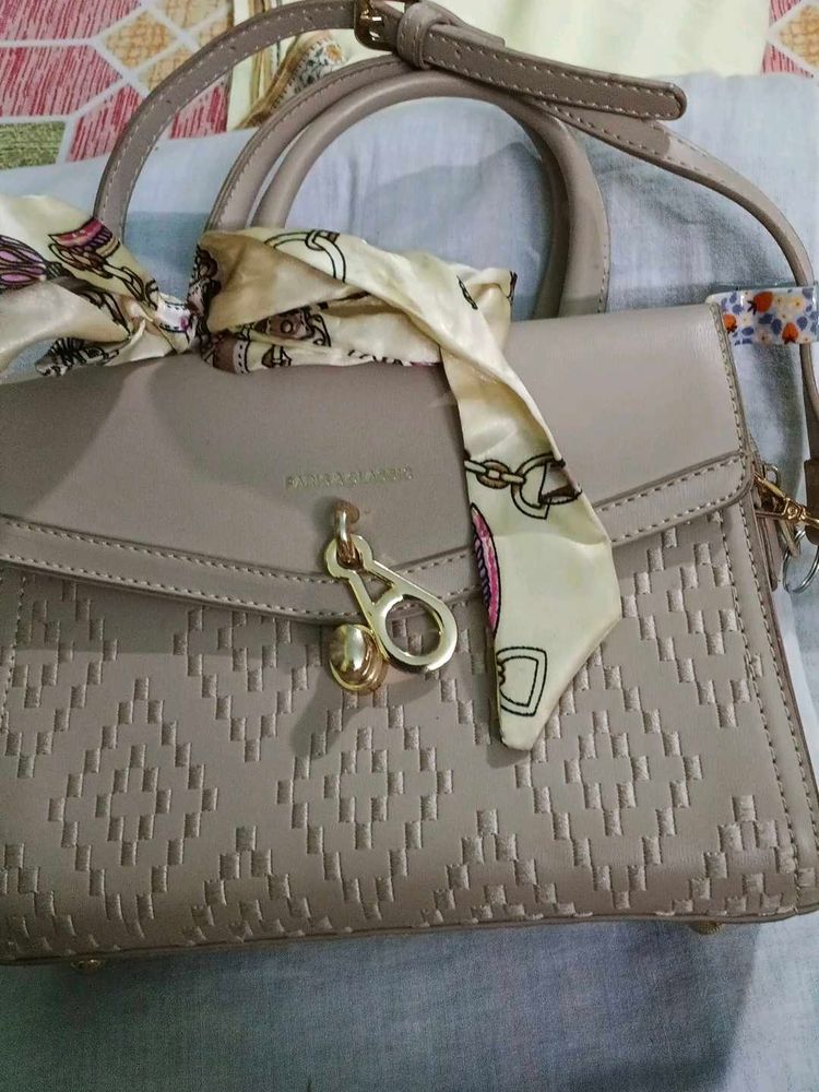 Chic Taupe Textured Handbag with Scarf Accent
