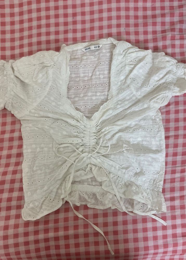 Bershka White Eyelet Tie-Front Top