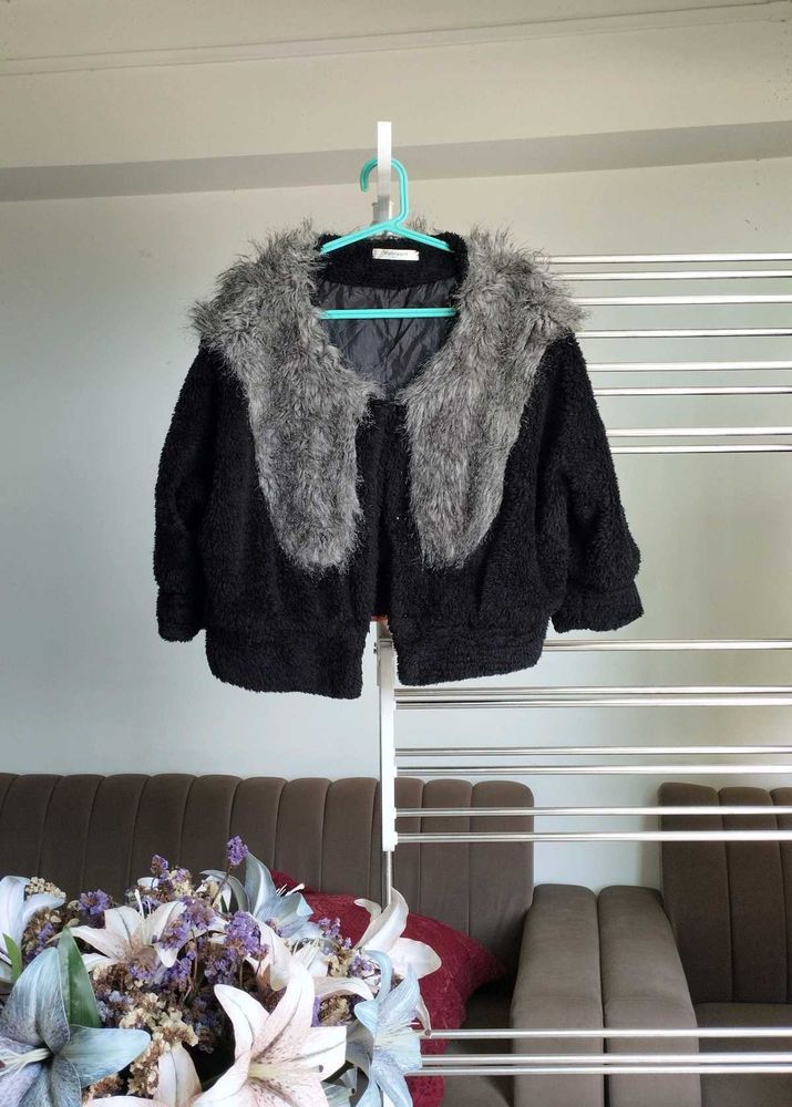 Fuzzy Black Cardigan with Faux Fur Collar
