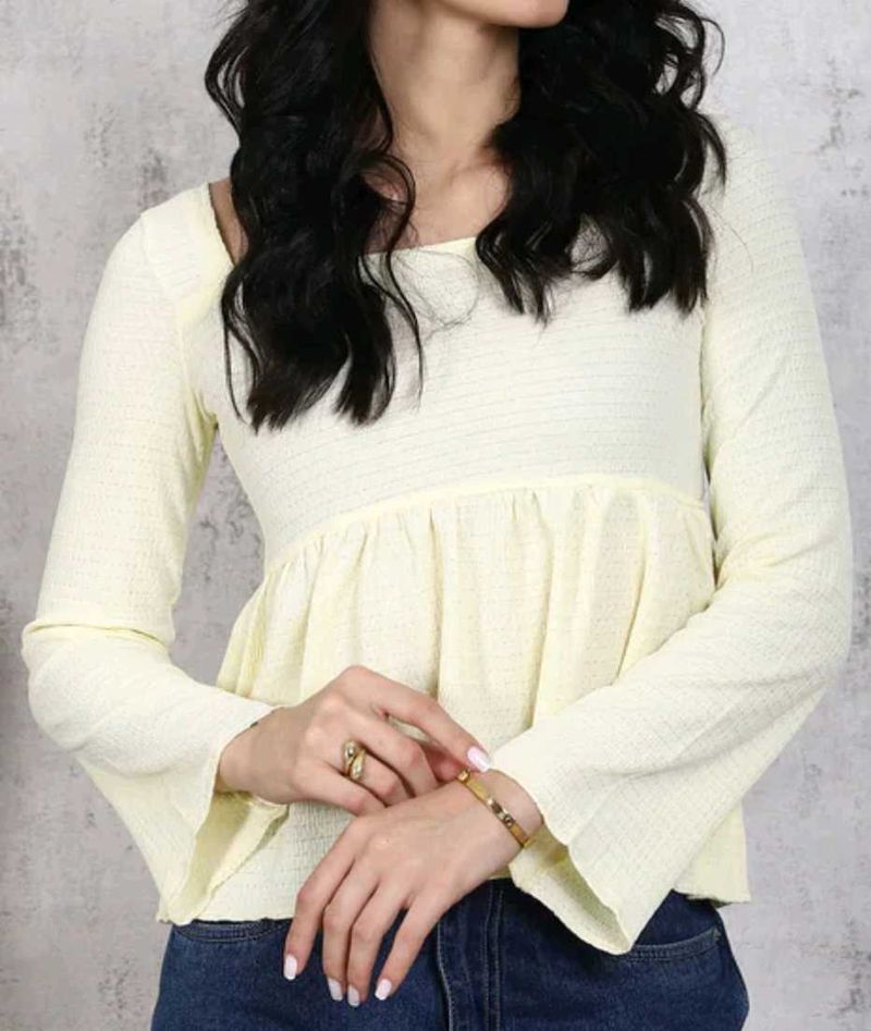 Cute square neck bell sleeves textured peplum top