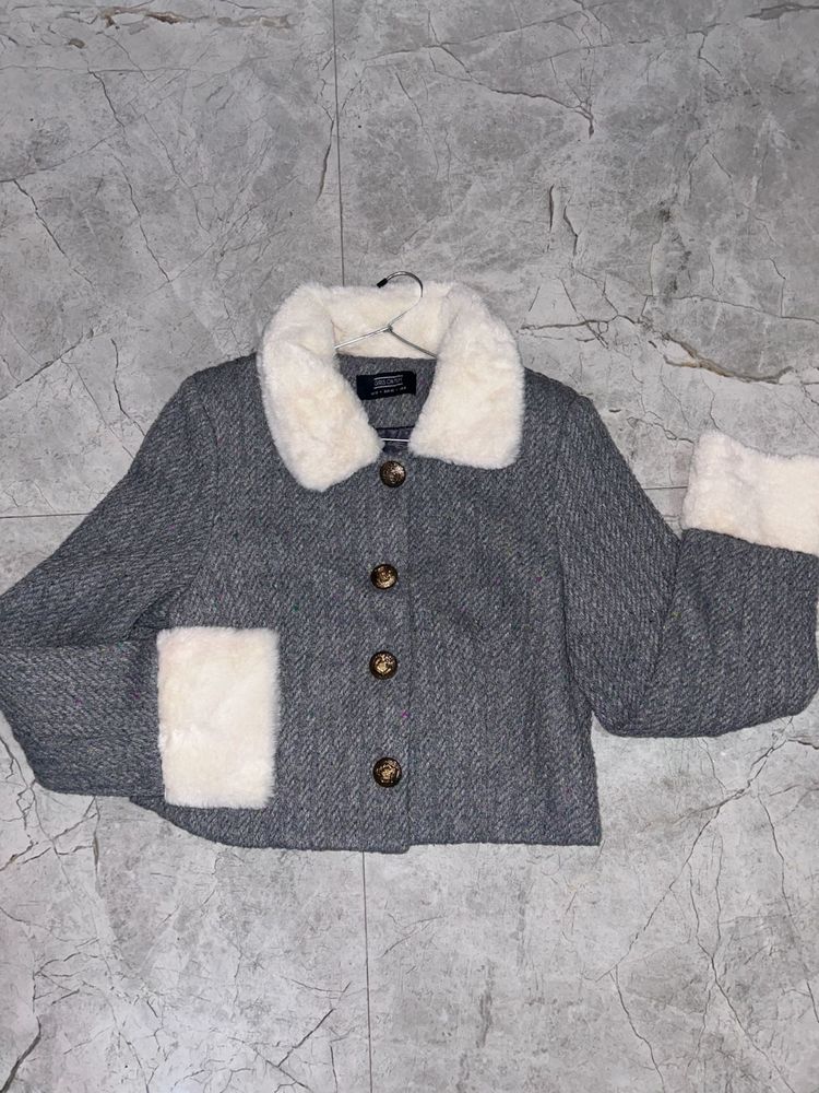 Fur collar cuff woolen cropped sweater