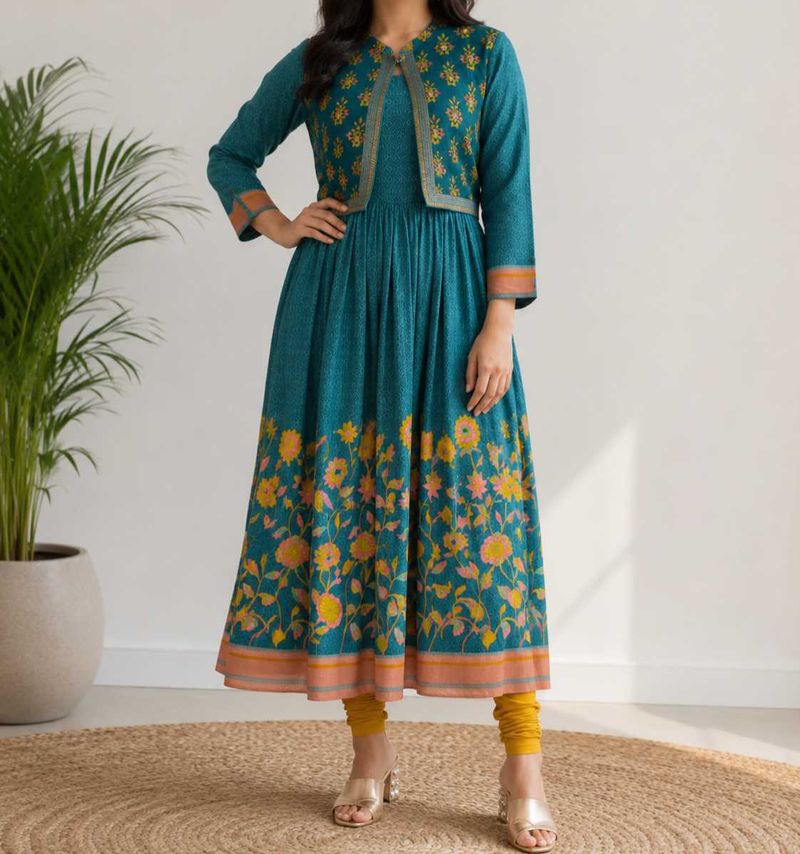 Teal Floral Print Kurta Set with Jacket