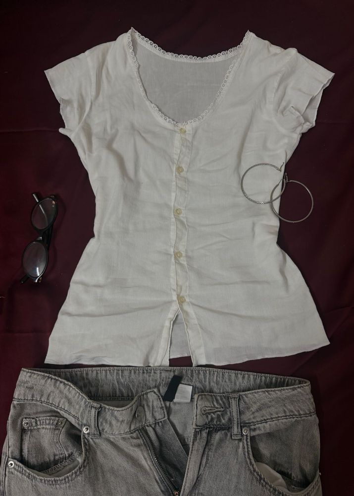 White Button-Up Blouse with Lace Trim