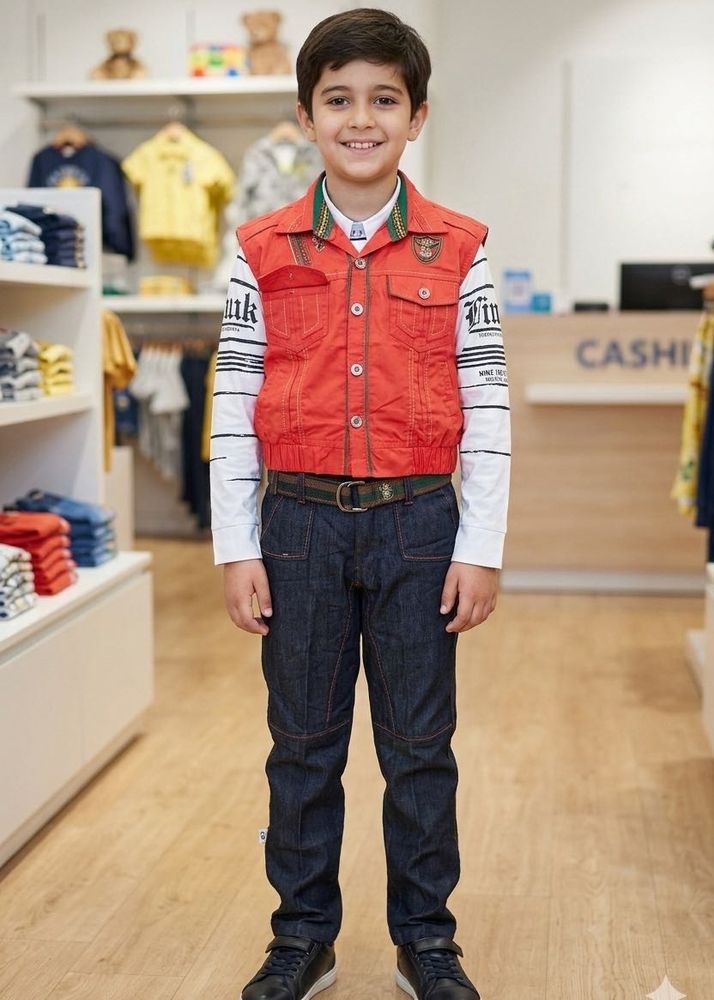 Stylish Boys Red Vest and Denim Jeans Set