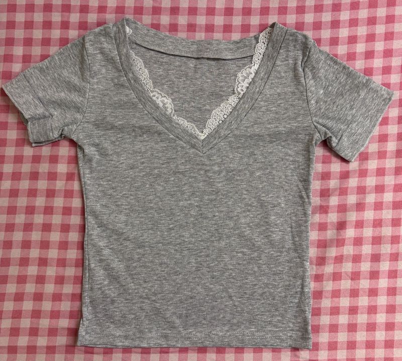 Grey Lace Trim V-Neck T-Shirt