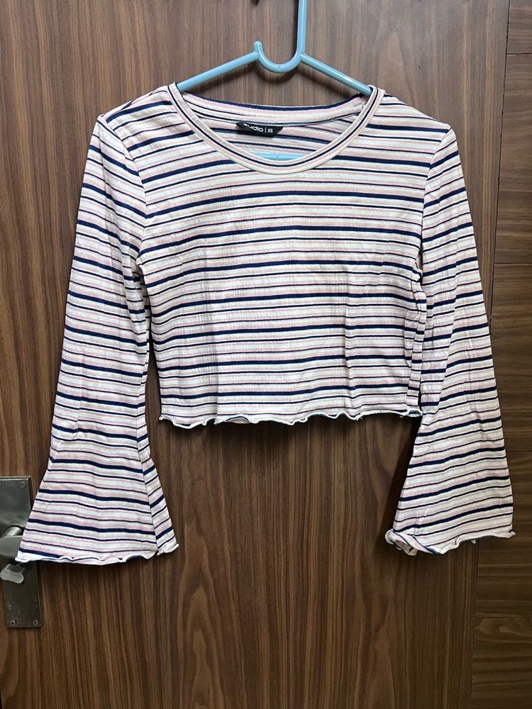 Striped Cropped Bell Sleeve Top