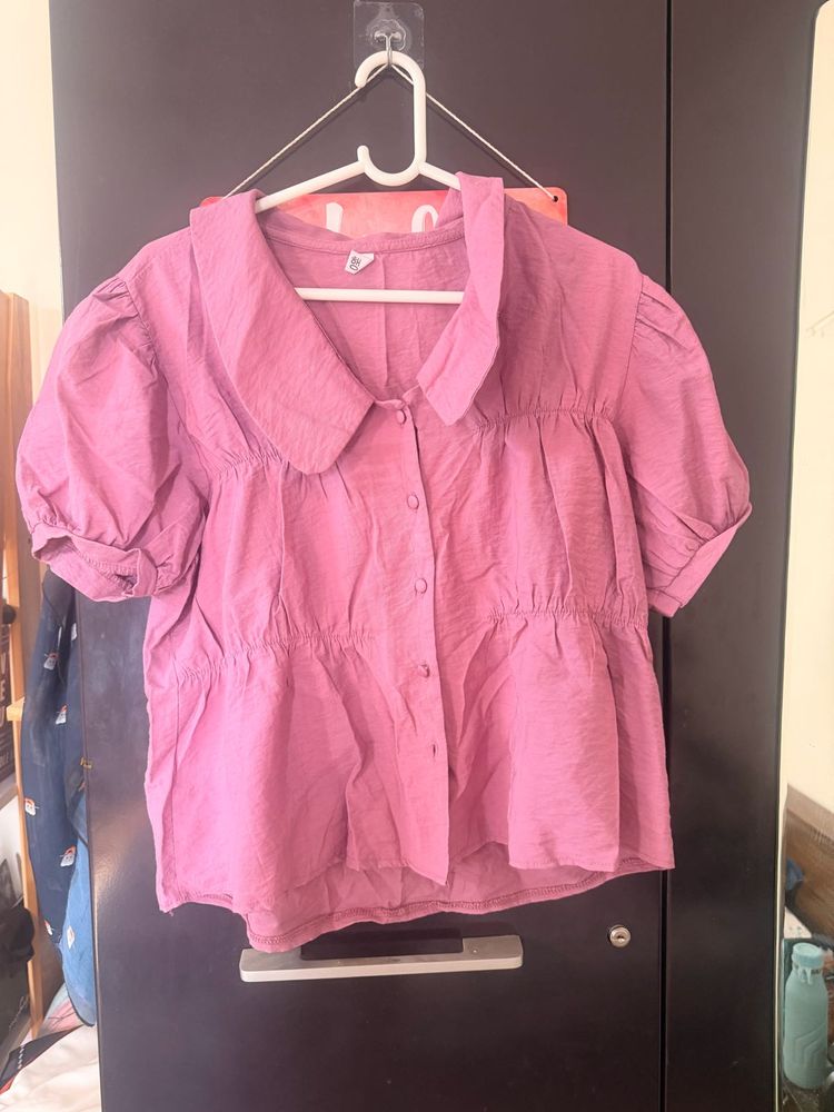Cute Pink Puff Sleeve Collared Top