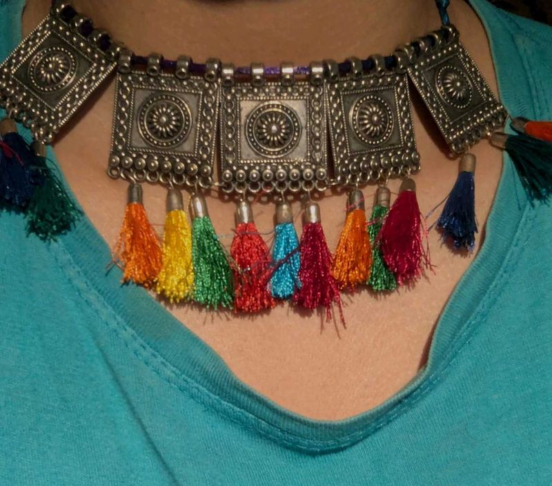 Boho Oxidised Tassel Choker | Ethnic Statement Nec