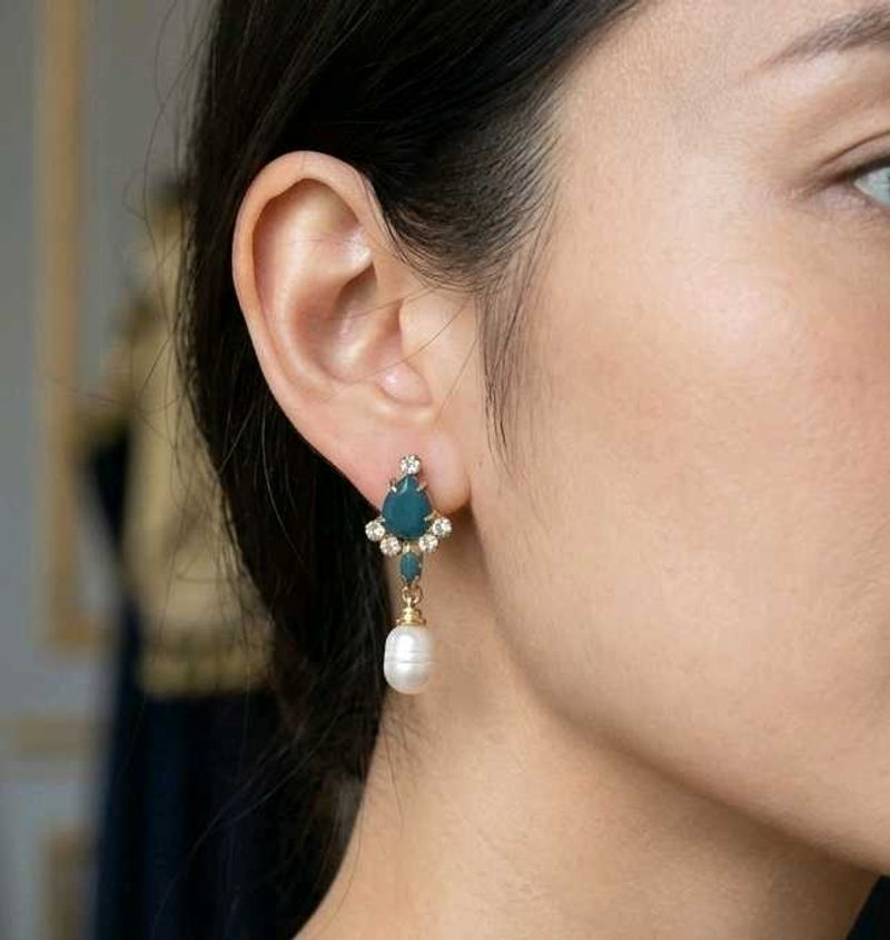 Blue stone pearl drop earrings