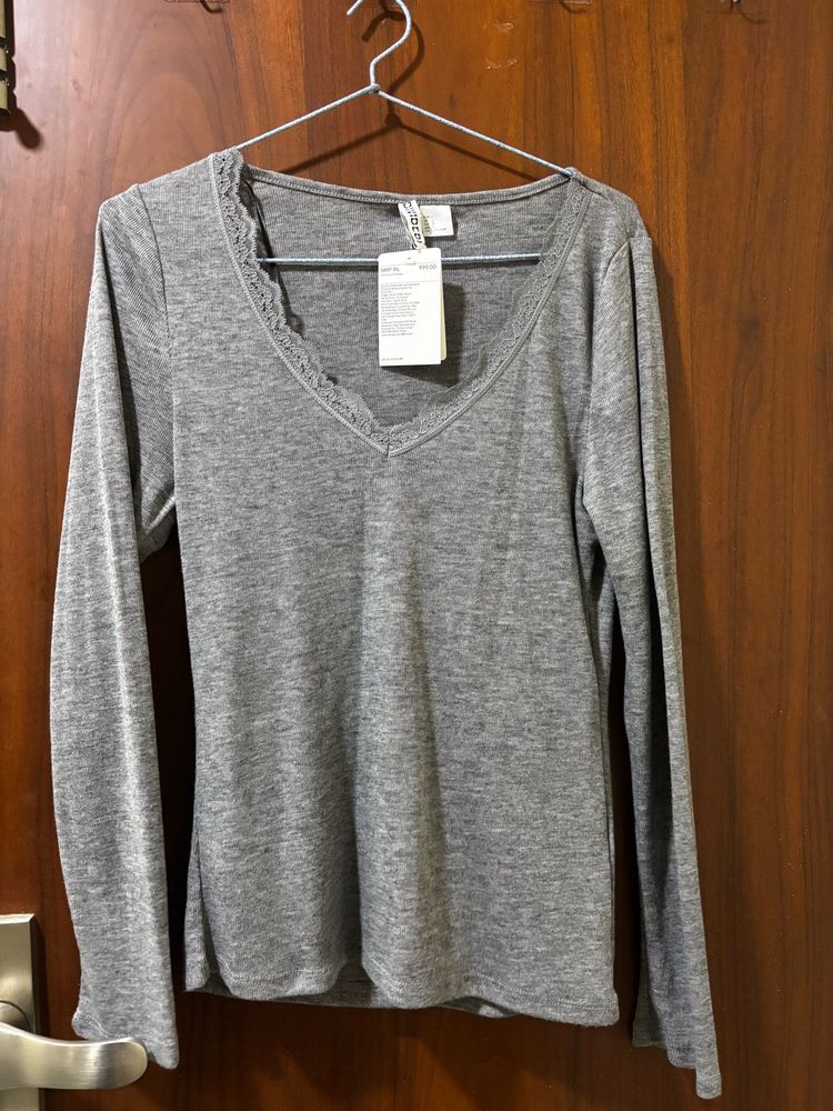 H&amp;M Grey Long Sleeve Lace Trim Top