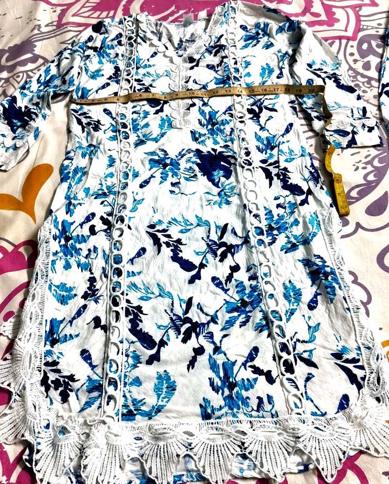 Blue Floral Print Kurta with Lace Trim