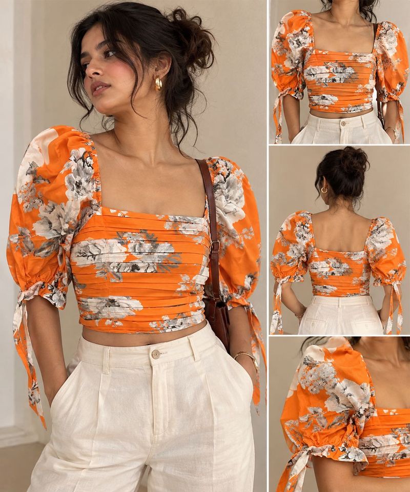 Orange Floral Ruched Puff Sleeve Crop Top