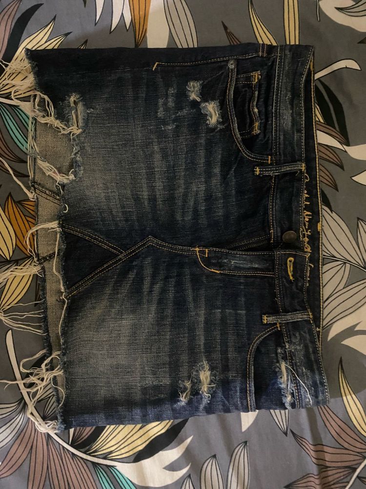 Distressed Blue Denim Mini Skirt