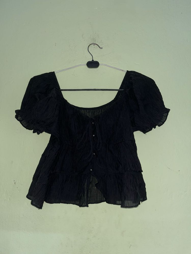 Black Puff Sleeve Tiered Top