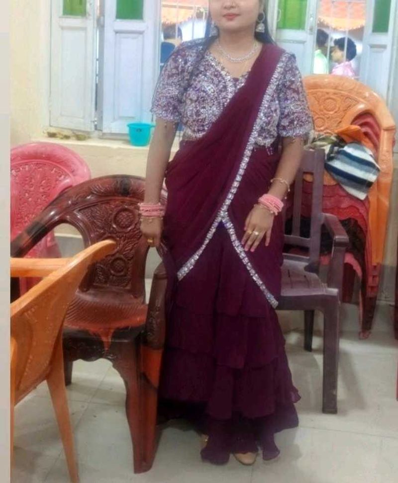 Maroon Ruffled Saree with Embellished Border