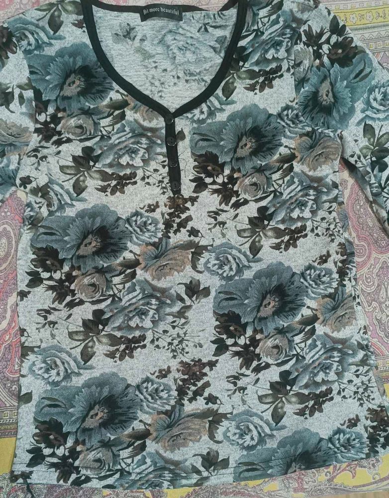 Grey Floral Print Long Sleeve Top