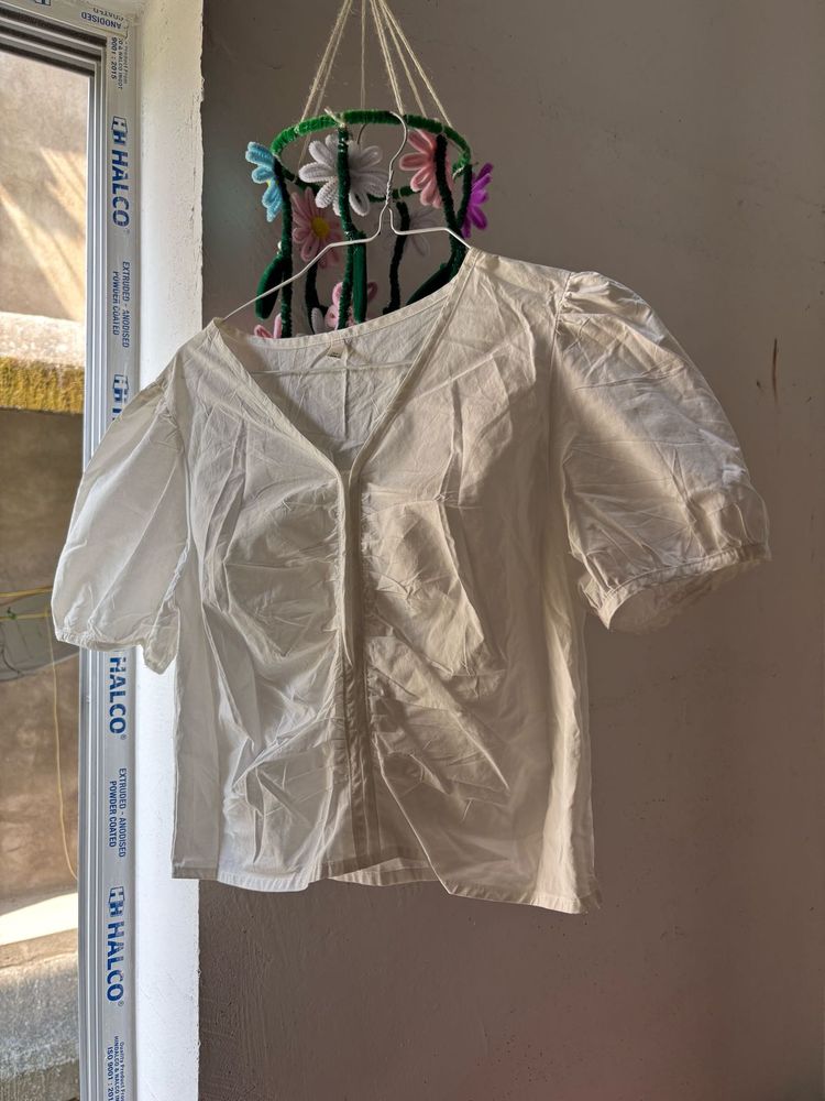 White Puff-Sleeve Ruched Blouse