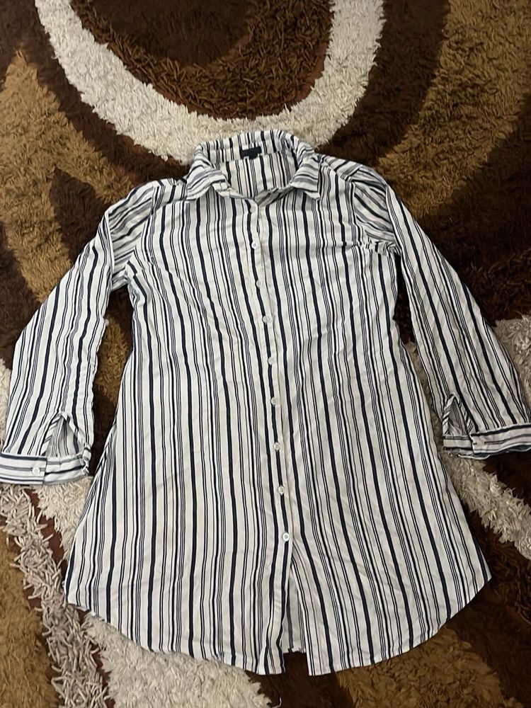 Striped Button-Down Tunic Shirt