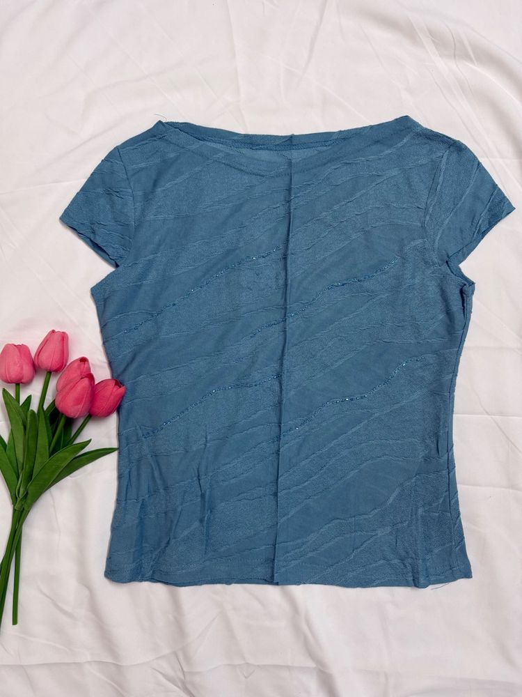 Blue Textured Short-Sleeve Top