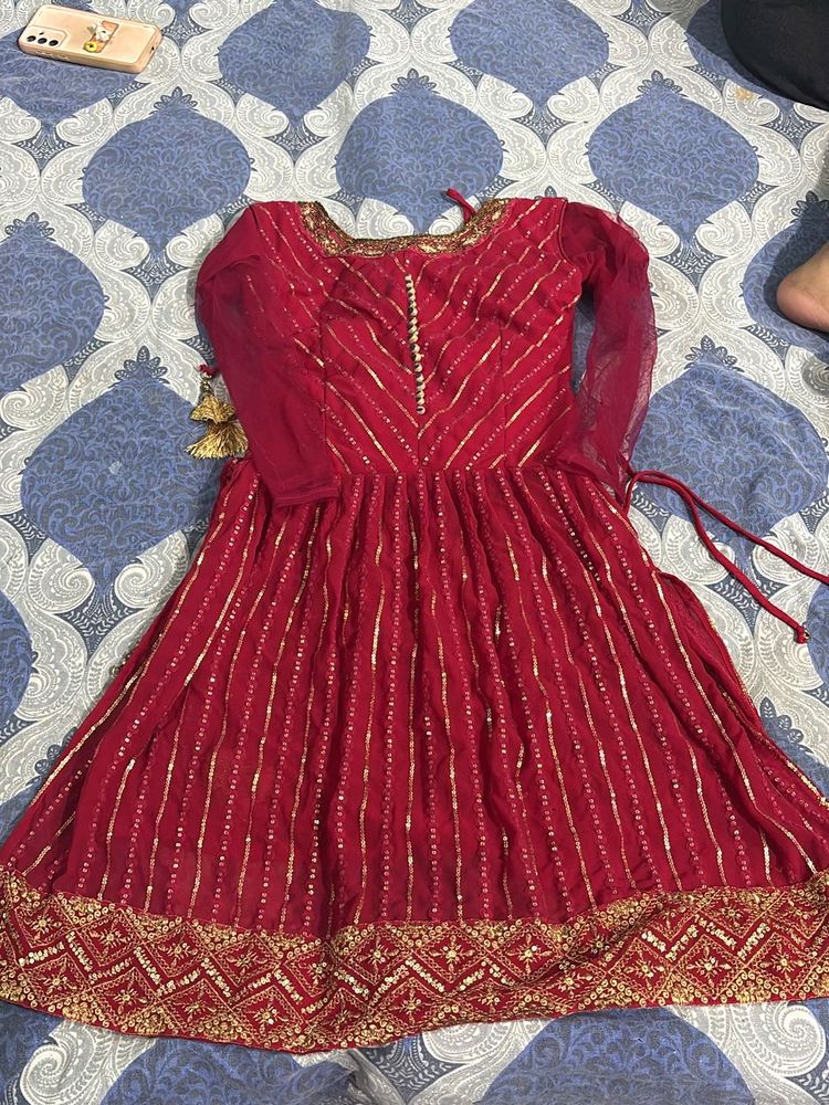 Elegant Red &amp; Gold Anarkali Style Lehenga