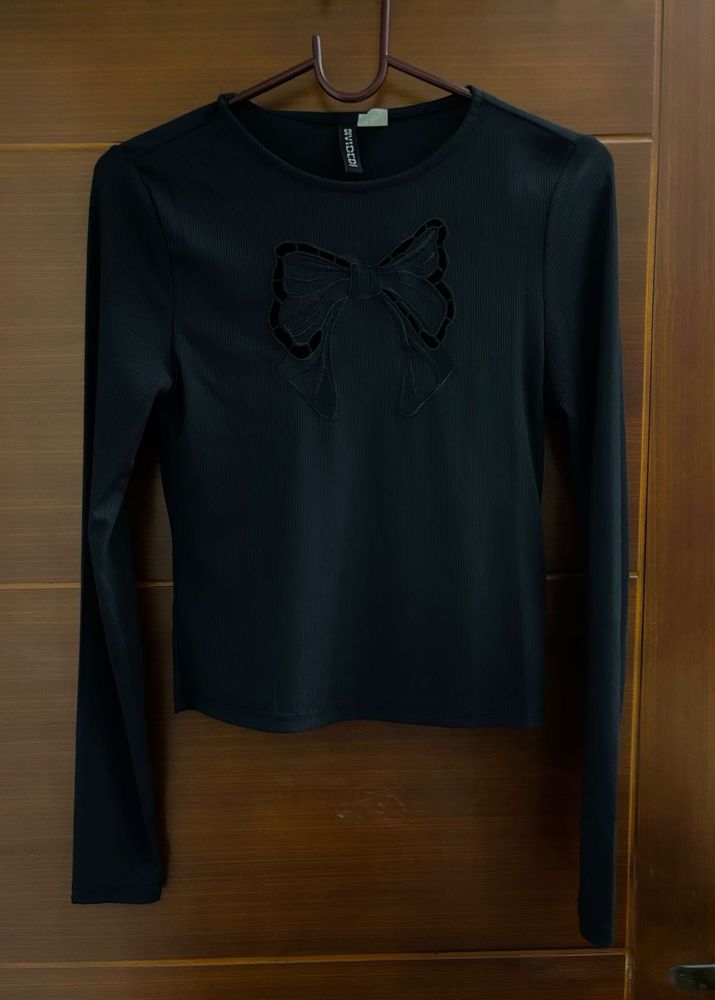 Black Bow Detail Long Sleeve Top