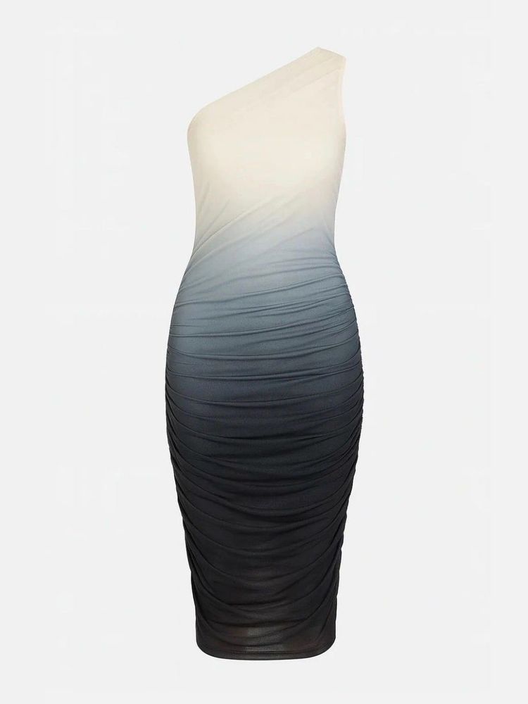 ruched one shoulder ombre bodycon midi dress