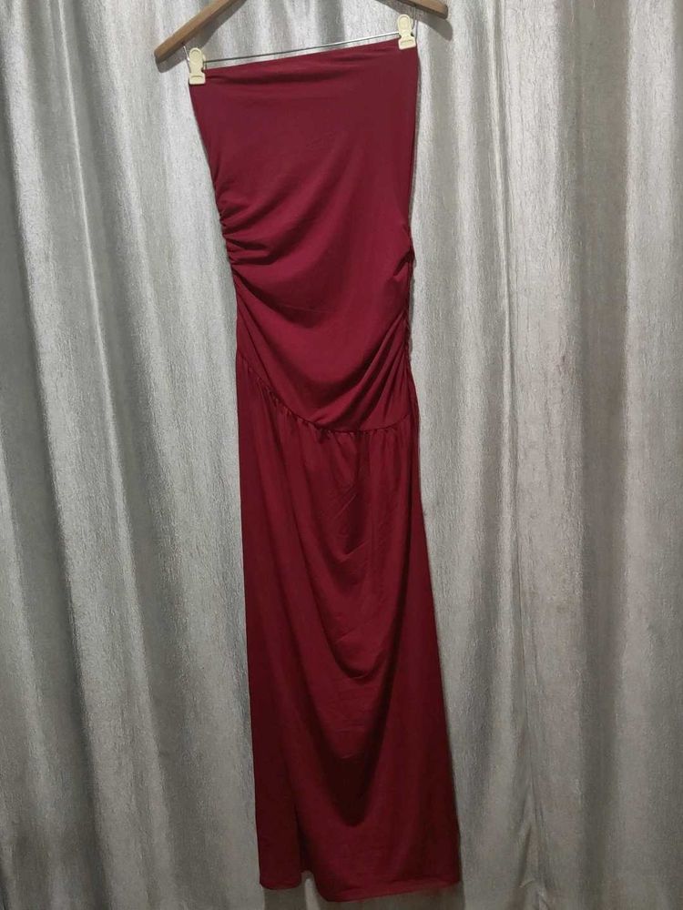 Burgundy Strapless Ruched Maxi Dress