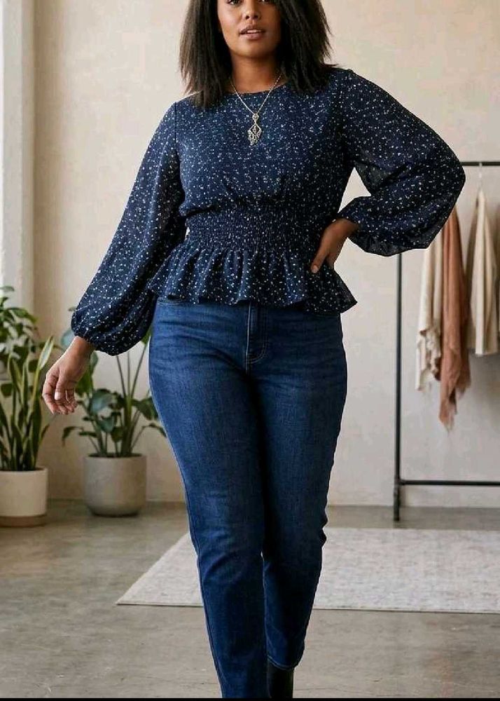 New Chic Navy Peplum Blouse with Ditsy Print
