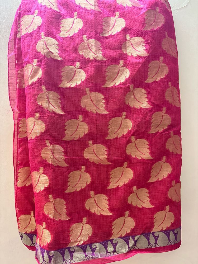 Vibrant Pink Saree with Golden Leaf Print
