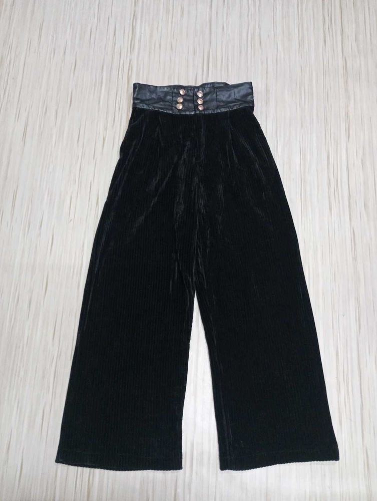 High-Waisted Black Velvet Wide-Leg Pants