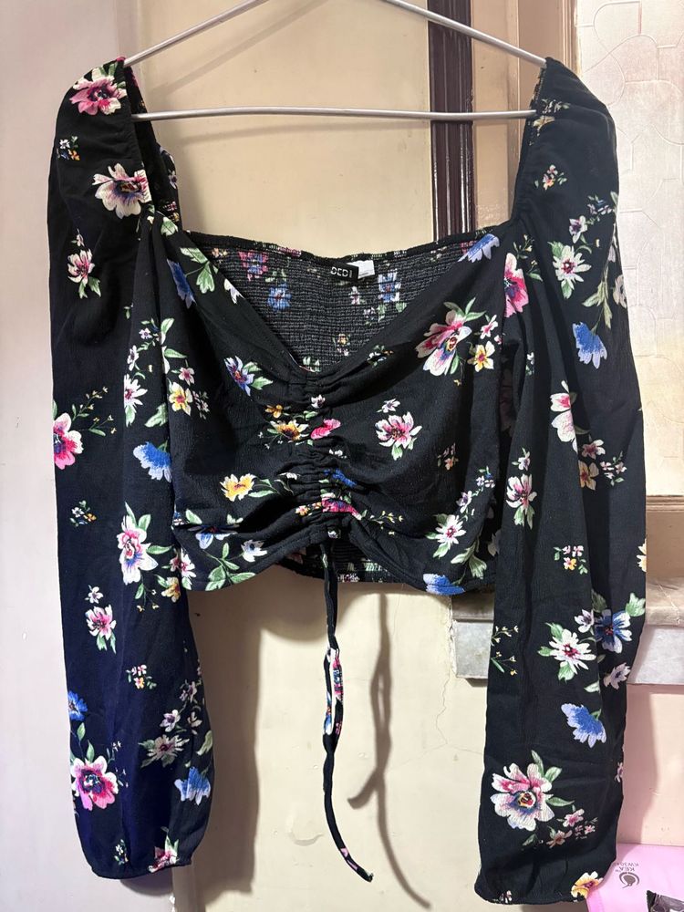 Black Floral Square Neck Crop Top