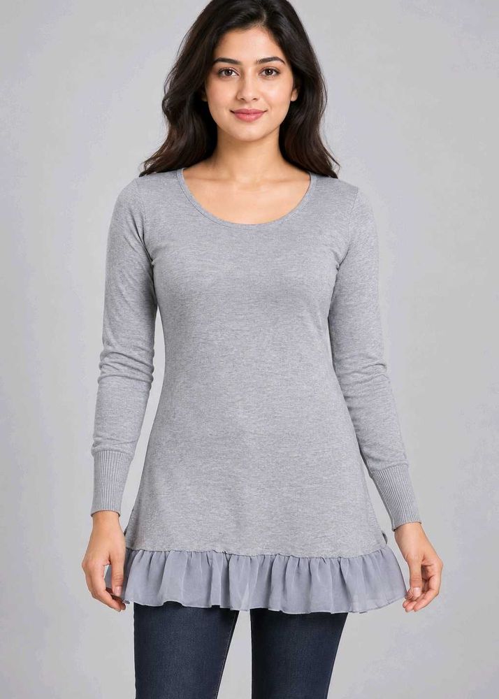 Grey Ruffle Hem Long Sleeve Top