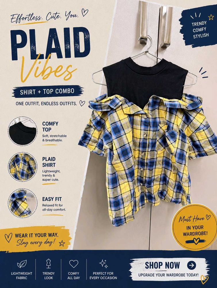 Yellow &amp; Blue Plaid Cold Shoulder Top