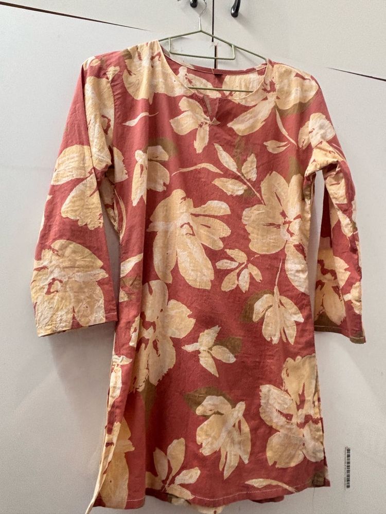 Floral Print Dusty Rose Cotton Kurti