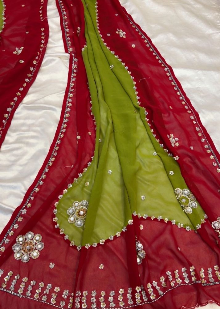 Red and Green Embellished Saree