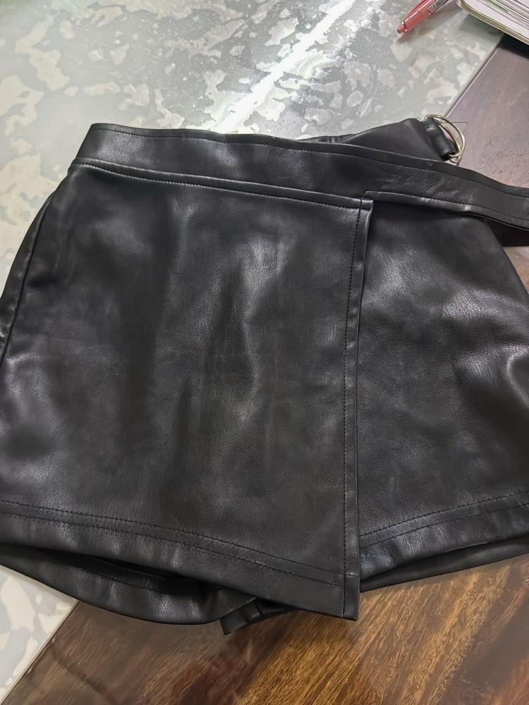 Black Faux Leather Skort with Belt