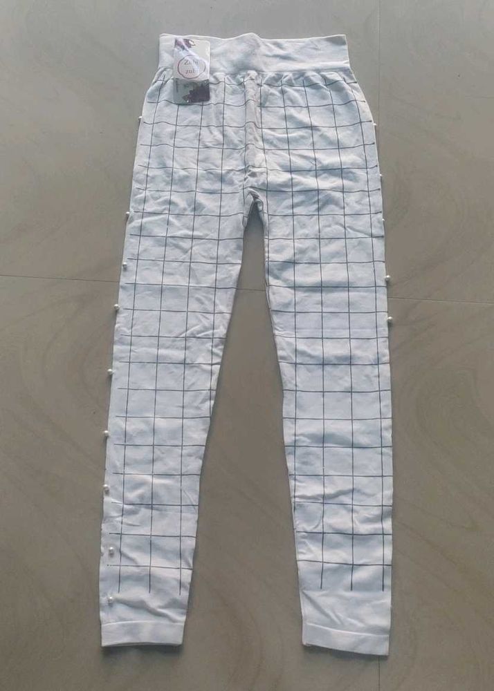 Checked Leggings with Pearl Detail