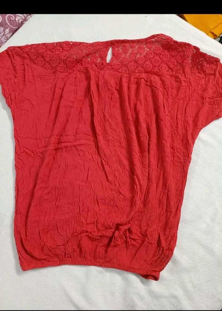 Red Lace Trim Casual Top