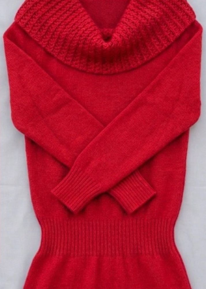Red Knit Sweater with Cowl Neck