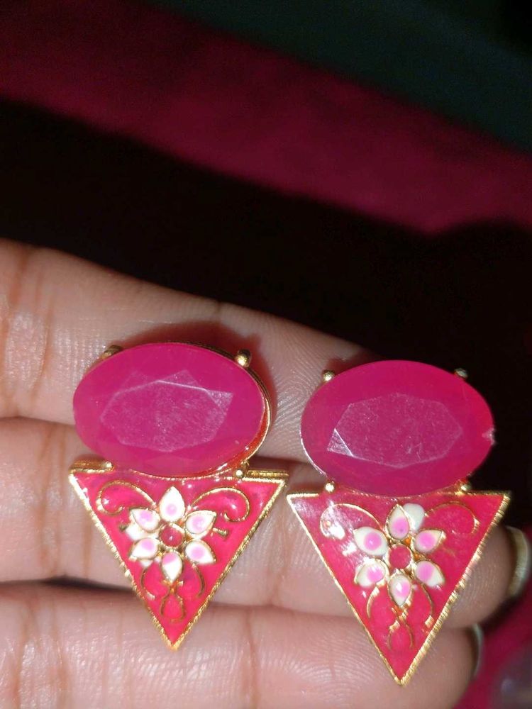 Vibrant Pink Enamel Triangle Earrings