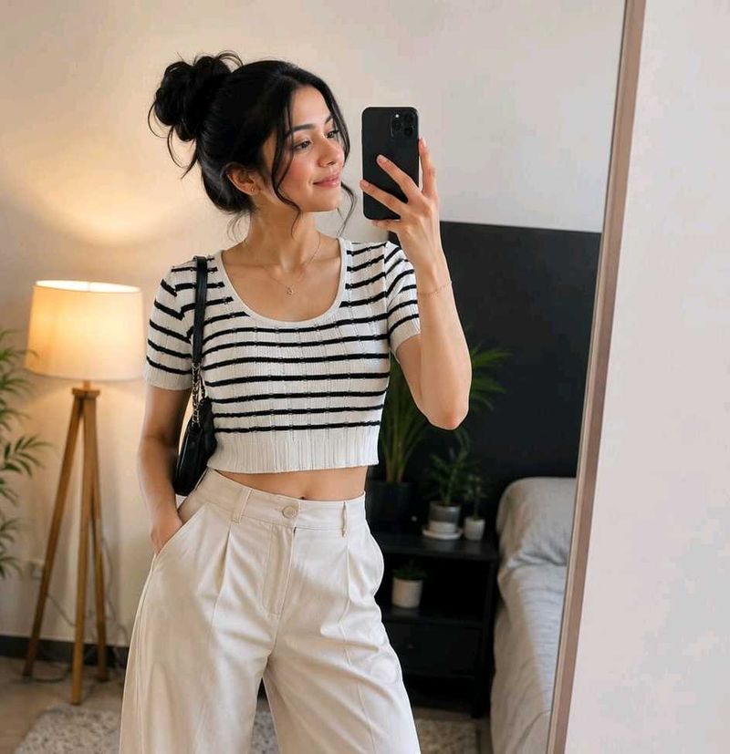 🤍 Black &amp; White Striped Knit Crop Top