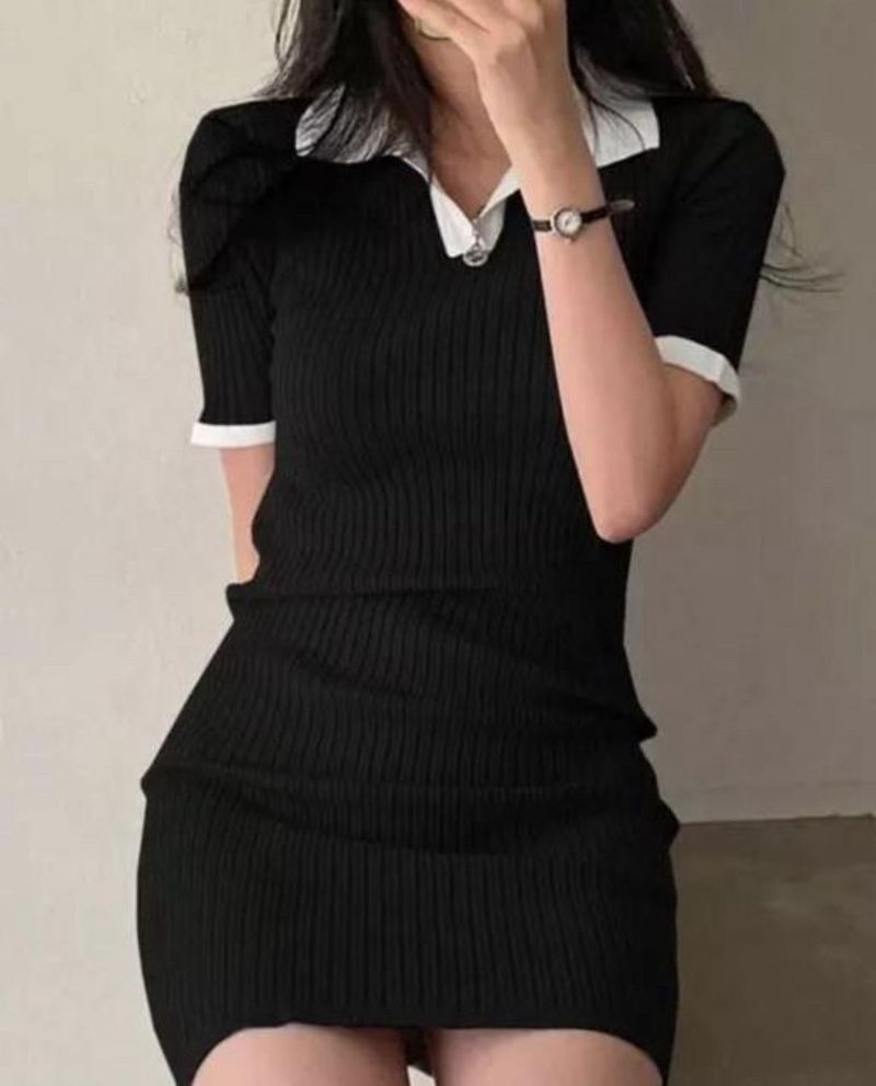 Chic Black Ribbed Polo Dress