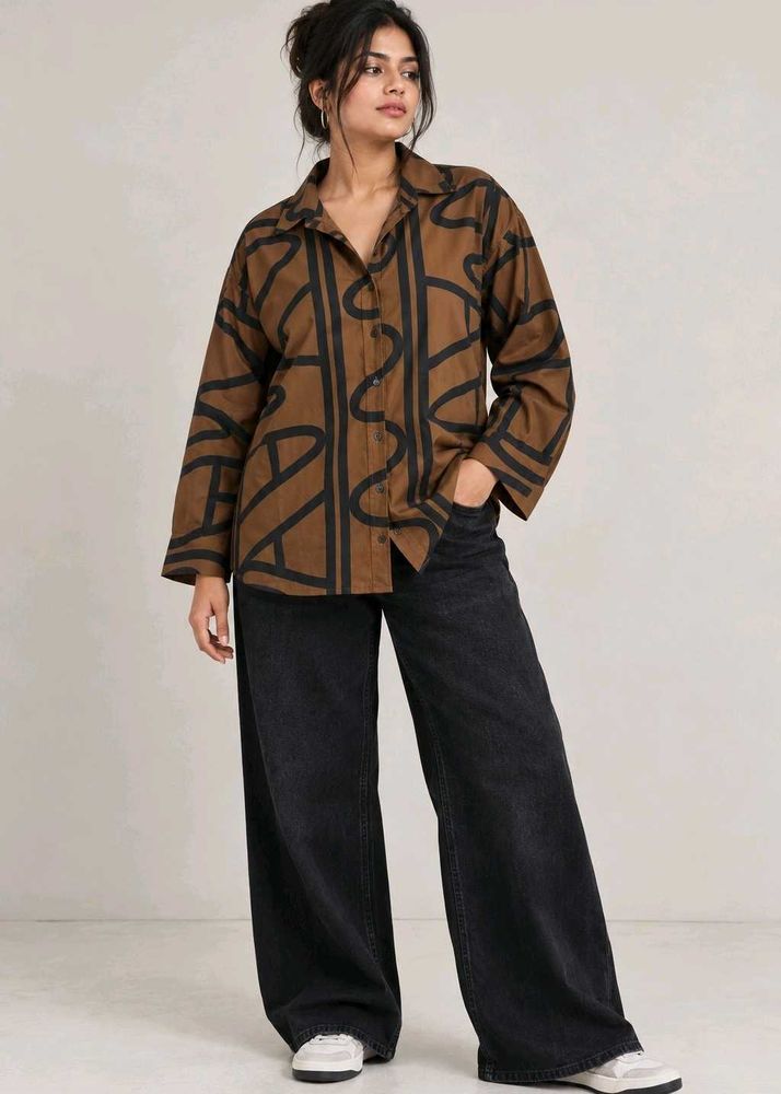 Brown Abstract Print Oversized Shirt