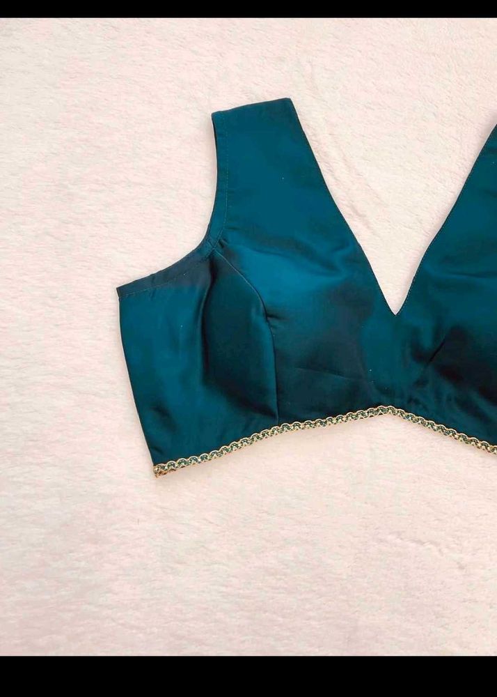 Elegant Teal V-Neck Blouse with Gold Trim