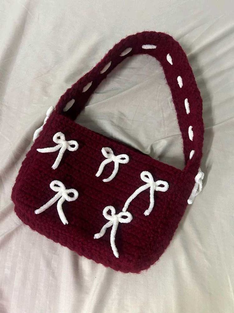 handmade Cute Burgundy Bow Crochet Handbag
