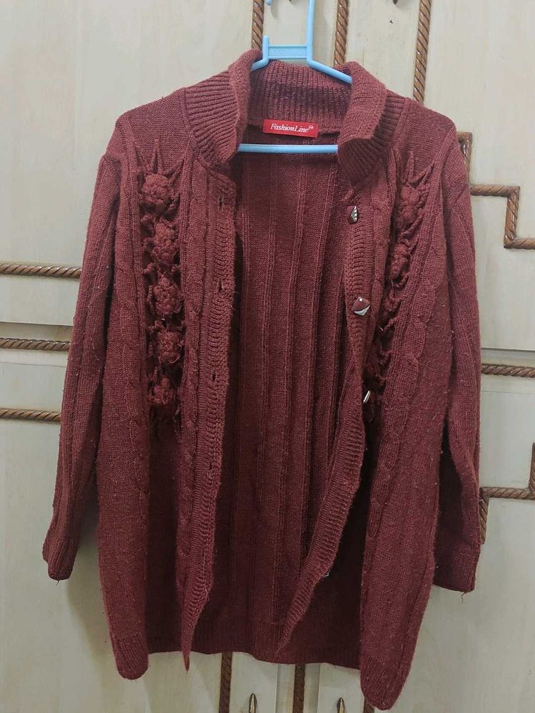 Maroon Cable Knit Cardigan with Floral Detail